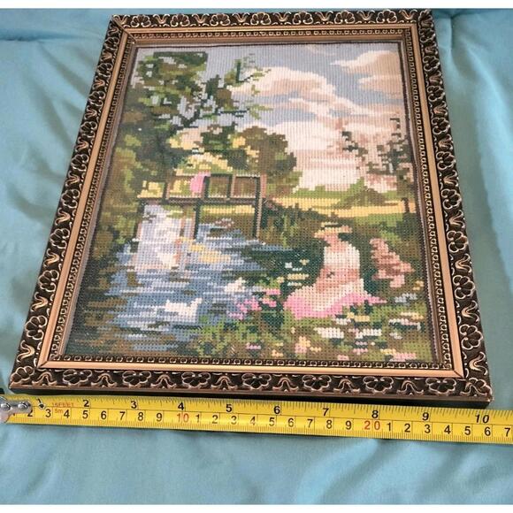 Vintage Framed Needlepoint Landscape Cottage Scene Ornate Wood Frame 10x12.5 - Picture 3 of 9
